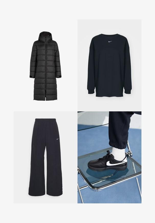 Abrigo de plumas negro con capucha, presenta un diseño acolchado, cierre delantero y bolsillos laterales. Longitud larga que llega hasta la mitad de la pantorrilla.; Camiseta negra de manga larga hecha de algodón con cuello redondo. Presenta un logo blanco de Nike en el pecho. Textura suave, diseño sencillo.; Pantalones de pierna ancha negros con una cintura elástica y un pequeño logo blanco de Nike. La tela tiene una textura suave, diseñada para la comodidad y el uso casual.; Zapatillas Nike negras con acentos blancos, con una textura de cuero suave, diseño de cordones y punta redondeada, colocadas sobre una silla de cristal.