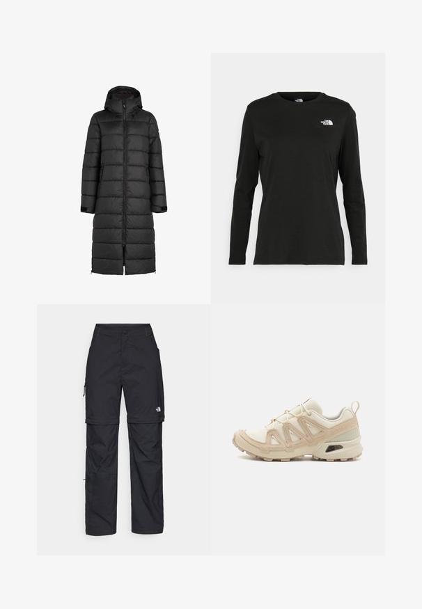 Black puffer coat with a hood, featuring a quilted design, front zipper, and side pockets. Long length reaching mid-calf.; Black long-sleeve t-shirt made of cotton with a round neck. Features a small white logo on the left chest area. Simple design and fit.; Black nylon zip-off cargo trousers with adjustable cuffs, multiple pockets, and a logo on the right leg. Smooth, lightweight texture.; Beige and cream athletic shoe with textured mesh upper, supportive overlays, and rubber outsole featuring a tread pattern for traction.