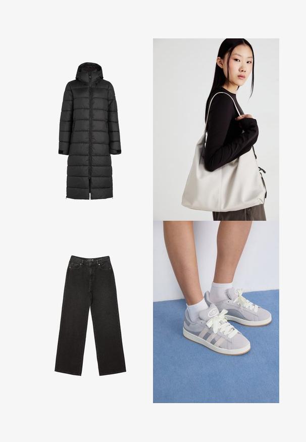 Sort puffjakke med hætte, med kviltet design, frontlynlås og sidelommer. Lang længde, der når midt på læggen.; Sort bomulds T-shirt med en afslappet pasform, korte ærmer, rund halsudskæring og en glat tekstur. Ingen synlige mønstre eller accenter.; Sorte brede jeans lavet af denim, med små prikkede mønstre, klassisk fem-lomme design og en knap- og lynlåslukning.; Grå ruskinds sneakers med hvide snørebånd og gummisål, udstyret med tre diagonale striber på siden og et logo-patch på tungen.; Beige håndtaske lavet af blødt materiale med et slouchy design, stikninger og to skulderremme. Velegnet til daglig brug.