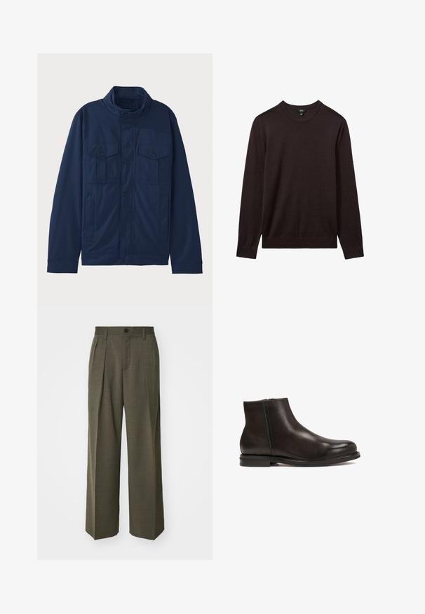 Granatowa kurtka wykonana z bawełny, z kołnierzem stojącym, dwiema przednimi kieszeniami i zapięciem na napy. Gładka tekstura z wyraźnie zarysowanym krojem.; Reiss - Sweter; Filippa K - Spodnie materiałowe; Czarne skórzane botki za kostkę o gładkiej fakturze, zaokrąglonym nosku i niskim obcasie. Posiadają boczny zamek błyskawiczny ułatwiający zakładanie.