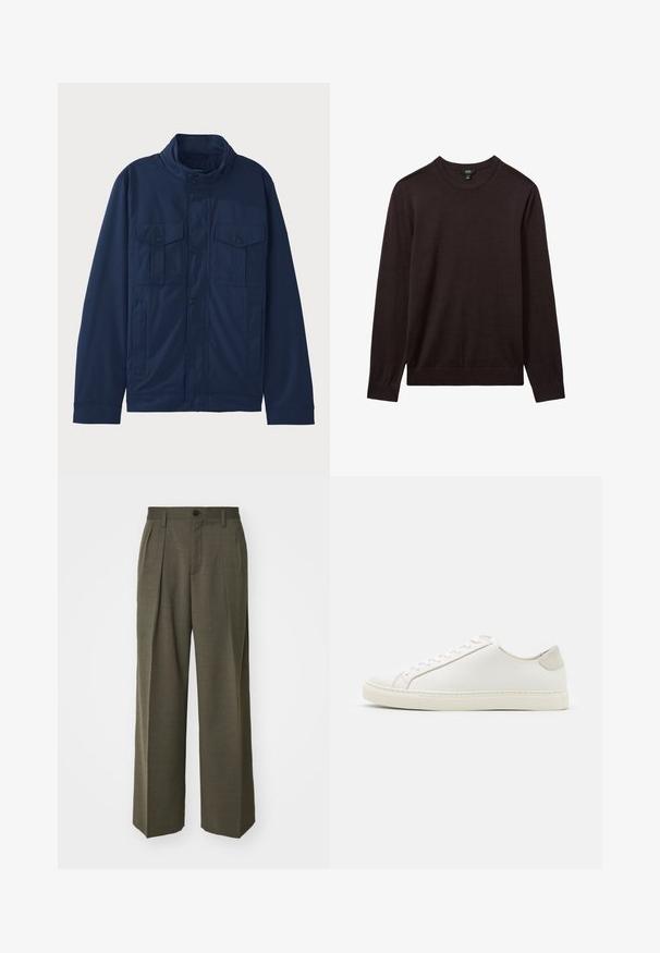 Tumesinine jakk, mis on valmistatud puuvillast, tõusva kraega, kahe esipocketiga ja nööpnupuga kinnitamises. Sile struktuuriga disain.; Reiss Džemper - dark bordeaux; Filippa K WIDE TROUSERS - Püksid - driftwood; Valge nahast sneaker, millel on sile pind, ümar varvas ja minimalistlik disain. Omab beeže aktsente kontsas ja kummist tallat.