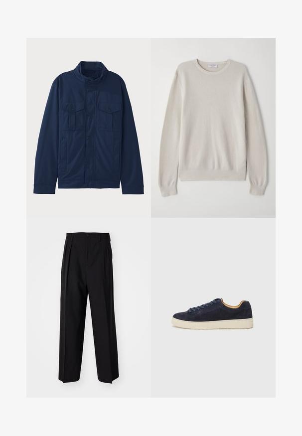 Navy blue jacket made of cotton, featuring a stand-up collar, two front pockets, and snap button closure. Smooth texture with a structured design.; Light beige sweater made of soft knit fabric. Crew neckline, long sleeves, ribbed cuffs, and hem with subtle texture detail.; Black pleated trousers with a straight, wide-leg design. Made from smooth fabric, featuring a button closure and belt loops.; Navy suede low-top sneaker with rounded toe, off-white rubber sole, and matching laces; features a contrasting tan interior lining.