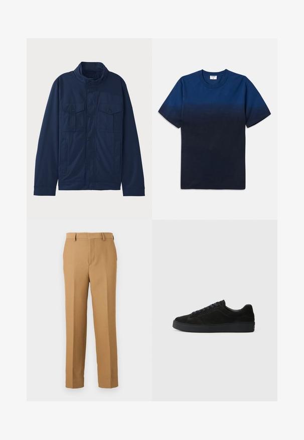 Navy blue jacket made of cotton, featuring a stand-up collar, two front pockets, and snap button closure. Smooth texture with a structured design.; Navy blue cotton t-shirt with a round neck, short sleeves, and a subtle gradient design transitioning from lighter to darker shades.; Beige dress pants made of woven fabric, featuring a straight cut, flat front, and belt loops. Smooth texture with no visible patterns.; Black suede sneaker with a flat, textured sole, rounded toe, six eyelets for laces, and a minimalist design.