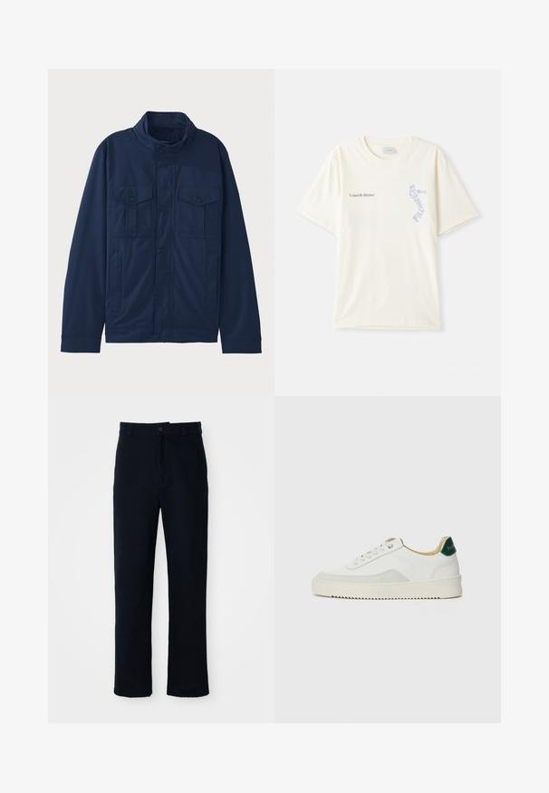 Tumši zils kažoks, kas izgatavots no kokvilnas, ar stāvošo apkakli, divām priekšējām kabatām un drukāšanas pogu aizdari. Gluda tekstūra ar strukturētu dizainu.; Balts kokvilnas T-krekls ar īsām piedurknēm, ar melnu un zilu grafiku "United By Rhythm" uz krūtīm. Apaļš kakla izgriezums.; Kokvilnas tumši zilas bikses ar taisnu kāju dizainu, priekšējo pogu aizdari un klasisku jostasvietu ar jostas cilpiņām.; Baltas sneakers ar zamša akcentiem, noapaļota purngala, plakaniem auklām un krēmkrāsas gumijas zoli. Ar zaļu zīmolu uz papēža.