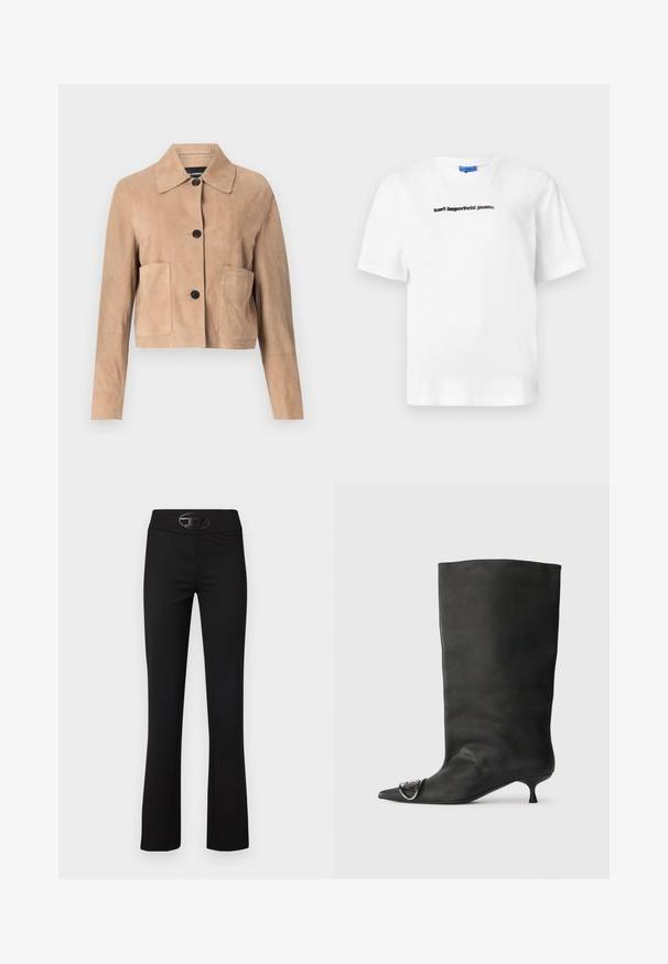 KARL LAGERFELD JACKET - Odinis švarkas - nougat; Balta medvilnės marškinėliai su apvalia iškirpte ir trumpomis rankovėmis. Priekyje yra juodu spaudos tekstu: "karl lagerfeld jeans." Lygus paviršius.; Juodos plačios kelnės iš lygaus, tampraus audinio. Sukurtos su plačiu juosmeniu ir blizgiu juodu logotipu priekyje.; Juodas odinis kulkšninis batas su smailiu pirštu, maža pakulne ir metaline akcentu ant piršto. Lygus, matinio paviršiaus tekstūra visame batus.