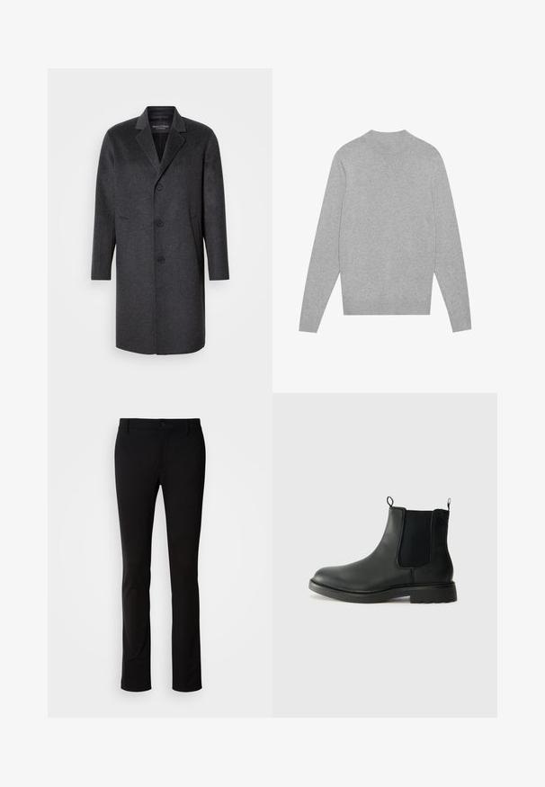 Tamsiai pilkas vilnonis paltas su įpjovomis, trimis mygtukais, dviem šoninėmis kišenėmis ir tiesia siluetu. Lygus paviršius ir struktūrizuotas dizainas.; Šviesiai pilkas ilgomis rankovėmis megztinis su apvali iškirpte, su ripsu ant kaklo, rankogalių ir apatinės dalies, išdėstytas plokščiai ant balto fono.; Juodos kelnės, pagamintos iš lygios medžiagos, su mygtukų uždarymu, diržo kilpomis ir tiesiomis kojomis. Nėra matomų raštų ar akcentų.; Juodos odinės Chelsea botai su elastingais šonų įdėklais, traukimo kilpomis, suapvalintu pirštu ir tekstūruotu guminio pado paviršiumi. Lygus paviršius ir tvirtas dizainas.