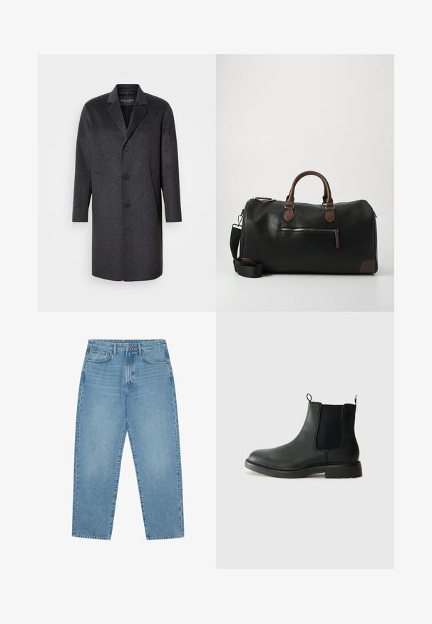 Tamsiai pilkas vilnonis paltas su įpjovomis, trimis mygtukais, dviem šoninėmis kišenėmis ir tiesia siluetu. Lygus paviršius ir struktūrizuotas dizainas.; Tamsiai mėlynas megztinis su apvalia iškirpte, ilgomis rankovėmis ir dryžuotomis rankogaliais. Yra kontrastinga dryžuota detalė ant apykaklės.; Pier One Laisvi džinsai - dark blue denim; Juodos odinės Chelsea botai su elastingais šonų įdėklais, traukimo kilpomis, suapvalintu pirštu ir tekstūruotu guminio pado paviršiumi. Lygus paviršius ir tvirtas dizainas.; Juodas odinis sportinis krepšys su rudais akcentais, turintis du rankenėles, reguliuojamą petnešą ir priekiniame zip užtrauktuku uždaromą kišenę.