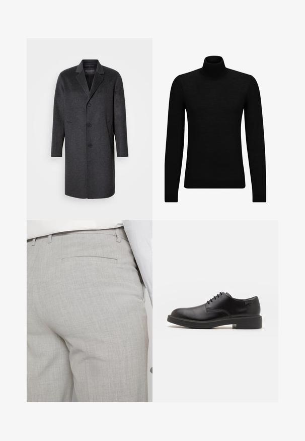 Tumši pelēks vilnas mētelis ar izgrieztu apkakli, trim pogām, divām sānu kabatām un taisnu siluetu. Gluda tekstūra un strukturēts dizains.; Melnā augstā kakla džemperis, kas izgatavots no mīksta materiāla, ar garām piedurknēm un pieguļušu piegriezumu. Ribota apdare ap apakšu un piedurknēm. Vienkāršs dizains.; Gaiši pelēkas pielāgotas bikses no teksturēta auduma, ar vienu aizmugurējo kabatu un tīru šuvju apdari.; Melna āda sašūta kurpe ar noapaļotu purngalu, gludu tekstūru, minimālu šuvju skaitu un zemu gumijas papēdi. Logo uz papēža.
