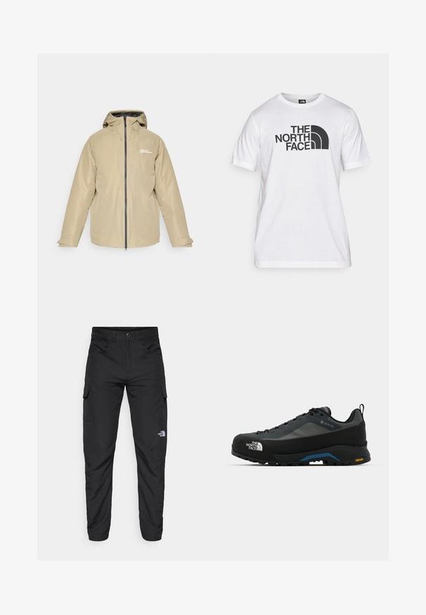 Jachetă impermeabilă bej, cu glugă, fermoar frontal, două buzunare laterale și un logo pe pieptul stâng, având o textură netedă și un design minimalist.; Tricou din bumbac alb cu un imprimat grafic negru ce include text și un design al logo-ului curbat. Decolteu rotund și mâneci scurte. Textură simplă.; The North Face HORIZON PANT - Pantaloni outdoor - black; The North Face VERTO ALPINE GORE TEX - Pantofi drumeție - asphalt grey/tnf black