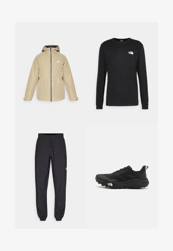 Bež jakna otporna na vodu s kapuljačom, prednjim zatvaračem, dva bočna džepa i logotipom na lijevoj strani prsa, s glatkom teksturom i minimalističkim dizajnom.; Crna majica dugih rukava od pamuka, s bijelim logotipom na lijevoj strani prsnog koša i rebrastim manžetama. Glatka tekstura s okruglim dekolteom.; Crne sportske hlače od lagane tkanine, s pojasom na vezanje, bočnim džepovima i suženim manžetama na gležnjevima.; Crne trail trkačke cipele s teksturiranim gornjim dijelom, gumeni potplat i ojačana zaštita za prste. Imaju podstavljen ovratnik i trakicu za lakše obuvanje.