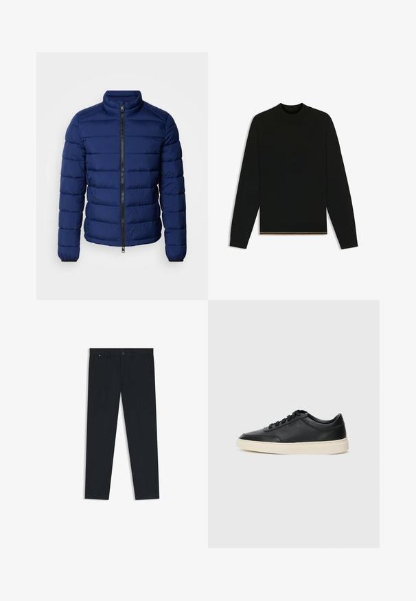 Giubbotto puffer blu navy con colletto alto, design a righe orizzontali, zip frontale e polsini elasticizzati. Texture liscia, isolamento leggero.; Maglione nero in maglia con maniche lunghe e colletto alto. Presenta un dettaglio dorato all'orlo. Decorato da una trama liscia e design aderente.; Pantaloni uomo di un blu navy scuro realizzati in tessuto leggero. Presentano una chiusura a bottone, passanti per cintura e due tasche laterali. Design a gamba dritta.; Sneaker in pelle nera a basso profilo con lacci neri e suola avorio, mostrato di profilo su sfondo bianco.