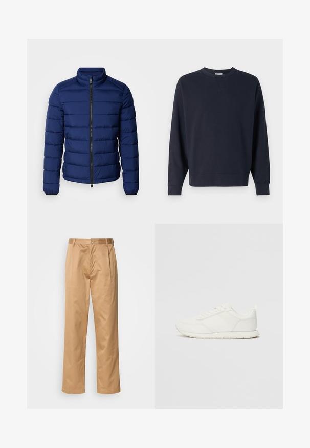 Tume sinine puhvrjakker kõrge kraega, horisontaalsete tikanditega, ees lukuga ja elastsete mansettidega. Sile tekstuur, kerge soojustus.; Tumesinine puuvillane sviiter, millel on ümmargune kaelus, pikad varrukad, soonikkoes varrukaservad ning lihtne disain, ilma nähtavate graafikateta.; Khekilõngid, puuvilla segu, sirge jala disain, ees olevad voldid, vööloopid ja nupuga sulg. Sile tekstuur ilma mustriteta.; Valged tennisesid, millel on võrgust ja sünteetilisest materjalist ülemine osa, ümar varvas, lamedad paelad ja tekstureeritud külgmine triip. Kummist tallaosa, tagaküljel tõmbetab.