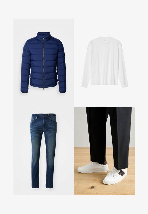 Tumši zila pūkādas jaka ar augstu apkakli, horizontālu kviltotu dizainu, priekšu ar rāvējslēdzēju un elastīgām piedurknēm. Gluda tekstūra, viegls izolācijas slānis.; Garas piedurkņu balta kokvilnas T-kreklu ar apaļu kakla izgriezumu un ribotām aprocēm. Vienkāršs, neizpušķots dizains ar gludu tekstūru un standarta piegriezumu.; Tumši zili džinsi ar šauru piegriezumu, ar piecām kabatām, priekšējo pogu aizdari un nelielu izbalētu faktūru uz kājām.; Baltā pārsoļa apavi ar gludu tekstūru, papildināti ar brūniem ādas akcentiem un melniem elementiem, savienoti ar melnām pielāgotām biksēm. Koka grīdas fons.