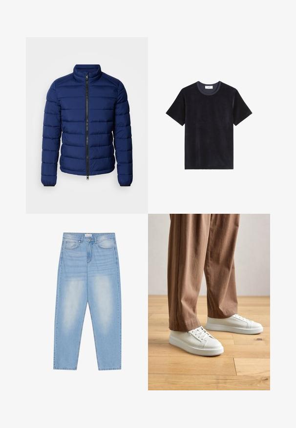 Granatowa kurtka puchowa z wysokim kołnierzem, poziomym pikowaniem, zamkiem błyskawicznym z przodu oraz elastycznymi mankietami. Gładka struktura, lekkie ocieplenie.; Ciemnoniebieska, bawełniana koszulka z krótkim rękawem, okrągłym dekoltem i gładką, miękką teksturą. Minimalistyczny design, bez wzorów i ozdób.; Jasnoniebieskie dżinsy o luźnym kroju, z pięcioma kieszeniami, delikatnym wyblądnięciem i przeszyciami wzdłuż szwów.; Osoba w białych, teksturowanych niskich trampkach i luźnych brązowych spodniach, stojąca na jasnej drewnianej podłodze.