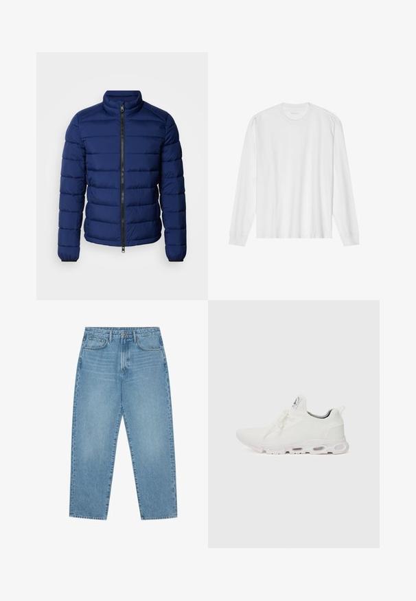 Námořnická modrá péřová bunda s vysokým límcem, horizontálním prošíváním, předním zipem a elastickými manžetami. Hladký povrch, lehká izolace.; Bílé bavlněné tričko s dlouhým rukávem a kulatým výstřihem, s žebrovanými manžetami a rovný lem, hladkou texturou a minimalistickým designem.; Světle modré džínové kalhoty se střihem rovného střihu, pěti kapsami a mírně vybledlou texturou. Mají zapínání na knoflík a zip.; Bílé sportovní boty s texturovaným pleteným svrškem, plochými tkaničkami a polstrovanou podešví s viditelnými vzduchovými komorami pro zvýšenou podporu.