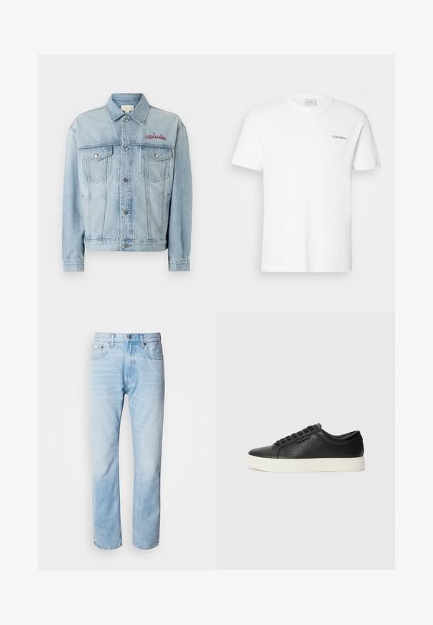 Lyseblå denimjakke med knaplukning, to brystlommer og broderet "calvin" detalje i rød på venstre brystområde.; Hvid bomulds T-shirt med korte ærmer og rund halsudskæring. Har et lille sort "Calvin Klein" logo på venstre bryst.; Lyseblå denimjeans med lige ben, har slidte sektioner, fem lomme-design og en klassisk knapåbning.; Sorte lædersneakers med perforeret tekstur, rund tå og flad hvid gummisål. Har sorte snørebånd og et subtilt logo på siden.