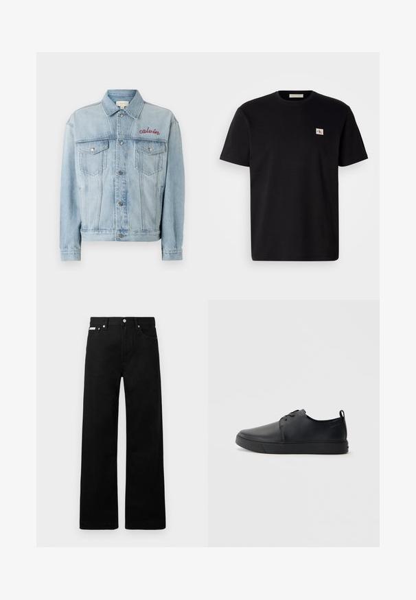 Lyseblå denimjakke med knaplukning, to brystlommer og broderet "calvin" detalje i rød på venstre brystområde.; Sort bomulds T-shirt med korte ærmer, rund halsudskæring og et lille broderet logo på venstre bryst. Glat tekstur, almindelig pasform.; Sorte denimbukser med bred ben-design, der har fem lommer og metallisk knapdetalje. Glat tekstur, uden synlige mønstre.; Sorte lædersneakers med en glat finish, rund tå, tonalt syning, snøring foran og en flad gummisål. Løkke ved hælen.