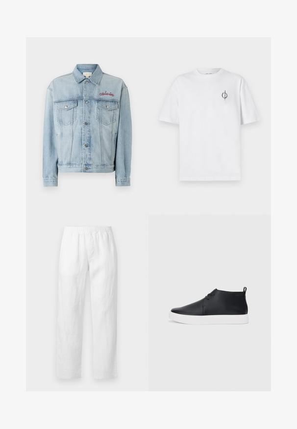 Šviesiai mėlyna džinsinė striukė su sagų priekyje, dviem krūtinės kišenėmis ir raudonai siuvinėtu "calvin" ženklu kairėje krūtinės pusėje.; Balta medvilninė marškinė su laisvu siluetu, su mažą juodą grafiką logotipą kairėje krūtinės pusėje. Trumpomis rankovėmis, apvaliu kaklu.; Baltos lino kelnės su elastiniu liemeniu, tiesių kojų piešiniu ir minkšta tekstūra be matomų raštų ar aparatūros detalių.; Juodi odiniai aukšti sportbačiai su lygia apdaila, balta guma padu ir paprastu raištelių dizainu. Gale yra įtempimo juostelė.