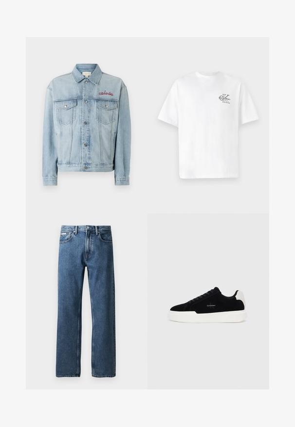 Gaišzils džinsisjakas ar pogu priekšpusi, divām krūšu kabatām un izšūtu "calvin" detalizāciju sarkanā krāsā kreisajā krūšu daļā.; Balta kokvilnas T-krekls ar īsām piedurknēm, apaļo kaklu, ar melnu CK logotipu kreisajā krūšu zonā, standarta piegriezums, gluda tekstūra.; Zilas taisnas kāju džinsu bikses ar augstu jostasvietu, pogu un rāvējslēdzēju, priekšējām kabatām un mazu baltu zīmola etiķeti labajā kabatā.; Melni zema profila sporta apavi ar baltu zoli un papēdi, ar šņorēm priekšpusē un Calvin Klein logo sānos.