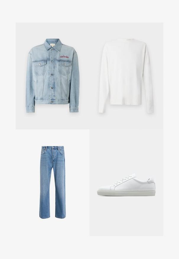 Heledsinine denim jakk, millel on nööbivääristus, kaks rinnaTaskut ning vasakul rinna areaal punase tikandiga "calvin" detail.; Pikad varrukad, valge puuvillane särk ümmarguse kaelusega, külgedel lõhikud all ja sile tekstuur, nähtav tagant.; Heledad sinine teksapüksid otse lõikega, viie taskuga, nupuga sulgemine, minimaalne kulumine ja kontrastsed õmbluse detailid.; Valge tennisetoss, millel on sile nahk pealis ja madal profiil. Omab ümarat ninaosa, kuut silmust ja tekstuuriga kummist talda.