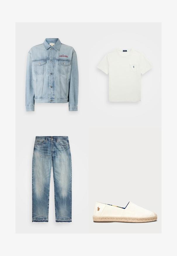 Šviesiai mėlyna džinsinė striukė su sagų priekyje, dviem krūtinės kišenėmis ir raudonai siuvinėtu "calvin" ženklu kairėje krūtinės pusėje.; Balta medvilninė marškinėliai su trumpomis rankovėmis, apvaliu kaklu ir kišene krūtinėje. Kišenėje yra tamsiai mėlynas logotipas. Lygi tekstūra, klasikinis reguliarus pjūvis.; Šviesiai mėlynas džinsinis marškiniai su smailiu apykakle, ilgomis rankovėmis, dviem krūtinės kišenėmis ir spaudžiamomis sagomis. Klasikinio vakarietiško stiliaus dizainas.; Šviesiai mėlynos džinsinės kelnės su tiesiomis kojomis, nusidėvėjusių vietų, šiek tiek dėvėtų detalių, neapdorotu našlaitės kraštu ir tradicine penkių kišenių koncepcija.; Baliniai espadrijai off-white spalvos su virve aptrauktu padu. Savybė – mėlyna raštuota pamušalas ir mažas siuvinėtas logotipas ant kulno.