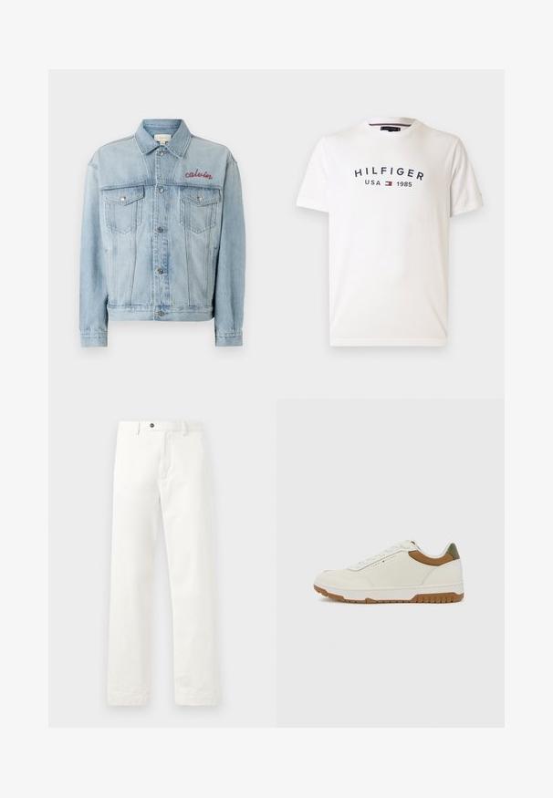 Hellblaue Jeansjacke mit Knopfleiste, zwei Brusttaschen und gesticktem "calvin"-Detail in Rot im linken Brustbereich.; Weißes Baumwoll-T-Shirt mit Rundhalsausschnitt, kurzen Ärmeln und einem zentralen Logo mit der Aufschrift "HILFIGER USA 1985" in Marineblau und einem roten sowie blauen Emblem.; Weiße, maßgeschneiderte Hosen aus einem Baumwoll-Mischgewebe. Sie besitzen ein gerades Bein-Design, vordere Taschen und einen Knopfverschluss.; Tommy Hilfiger BASKET CORE - Sneaker low - ecru/army green
