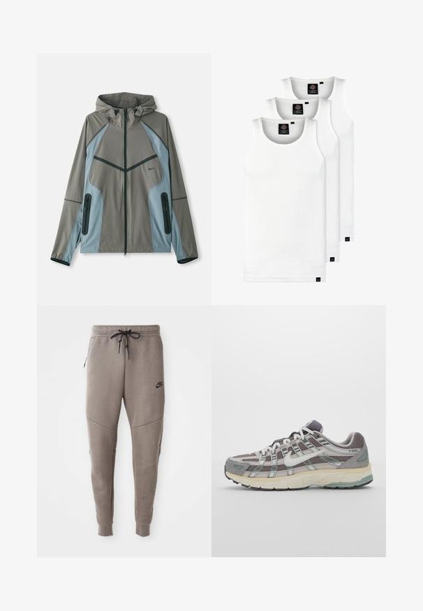 Veekindel jakk kapuutsiga, hall kehavärviga ja siniste aktsentidega, lukustatavad taskud ja kontrastselt õmmeldud detailid sujuval kangal.; Kolm valget ribaga t-särki, mis on valmistatud puuvillast. Omavad ümmargust kaelanõhku ja väikseid musti silte hemme lähedal. Saadaval erinevates suurustes.; Hallide Nike dressipüksid, millel on nööriga vöökoht, kitsenevad sääred, küljetaskud ja eristuv õmbluse detail. Pehme, tekstureeritud kangas.; Hallus hallitus jalanõud, millel on võrgust ja sametist ülemine osa, valged rõhutused, pehme tald ning eristuv disain peegelduvate elementidega.