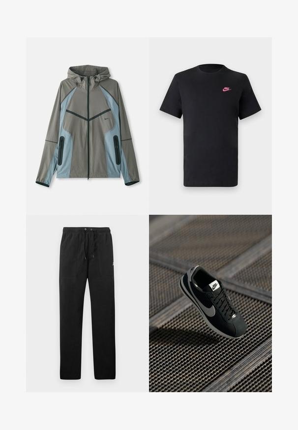 Chaqueta resistente al agua con capucha, que presenta un cuerpo gris y acentos azules, bolsillos con cremallera y costuras en contraste sobre una textura suave.; Camiseta de algodón negra con cuello redondo y mangas cortas. Presenta un logo de Nike en rosa en la parte superior izquierda. Textura suave.; Pantalones deportivos negros de felpa, con una cinturilla elástica con cordones, dos bolsillos delanteros y un pequeño logo en el muslo.; Zapatilla negra de Nike con acentos grises, materiales de ante y malla, suela texturizada, forma estrecha y diseño clásico con cordones.