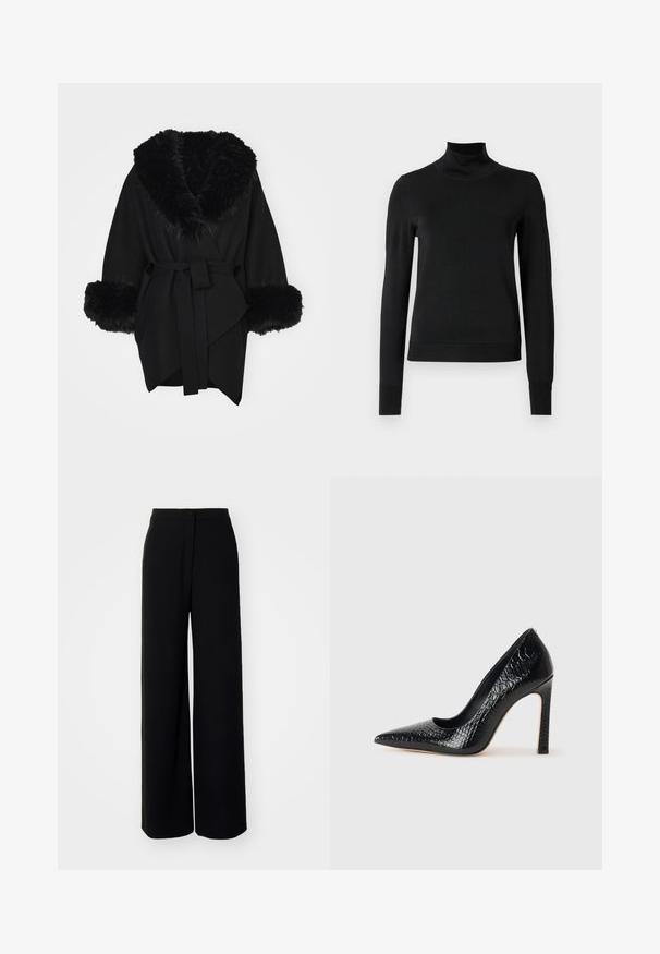 Alice + Olivia Cape - black; Black long-sleeve turtleneck sweater with ribbed cuffs and hem, displayed on a plain white background.; Black wide-leg trousers with a high waist, smooth fabric, front button closure, and no visible pockets, featuring a tailored fit.; Black pointed-toe high heel shoe with a crocodile-skin texture, featuring a sleek design, high stiletto heel, and smooth black interior.