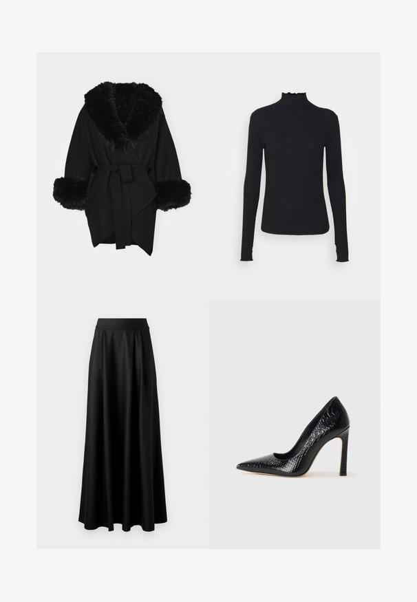 Alice + Olivia - Ponczo; Czarny, długi rękaw, golf z gładkiego materiału, z falbaniastym kołnierzem i dopasowanym krojem z prostymi brzegami.; Czarna spódnica do ziemi o gładkiej fakturze, szerokim pasie i plisowanym wzorze, bez widocznych wzorów czy ozdób.; Czarne szpilki z ostrym noskiem, pokryte teksturą skóry krokodyla, charakteryzujące się eleganckim wzornictwem, wysokim obcasem w stylu stiletto oraz gładkim czarnym wnętrzem.