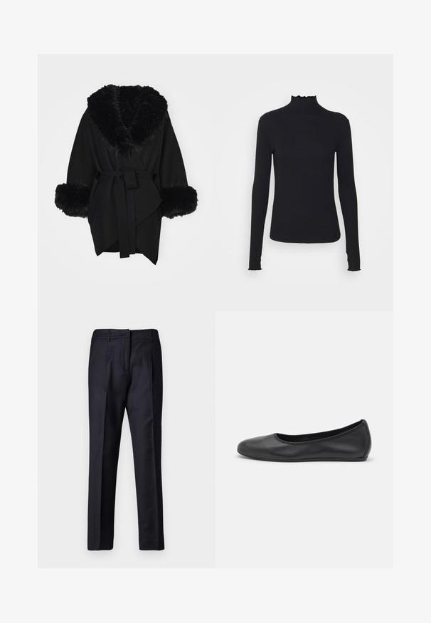 Alice + Olivia Cape - black; Black long-sleeve turtleneck top made of smooth fabric, featuring a ruffled neck and fitted silhouette with simple edges.; Navy tailored trousers with a smooth texture, featuring a flat front, dual pleats, and belt loops. Straight-leg cut, finished hem.; Black leather ballet flat with a rounded toe, smooth texture, minimal stitching detail, and a flexible sole design.