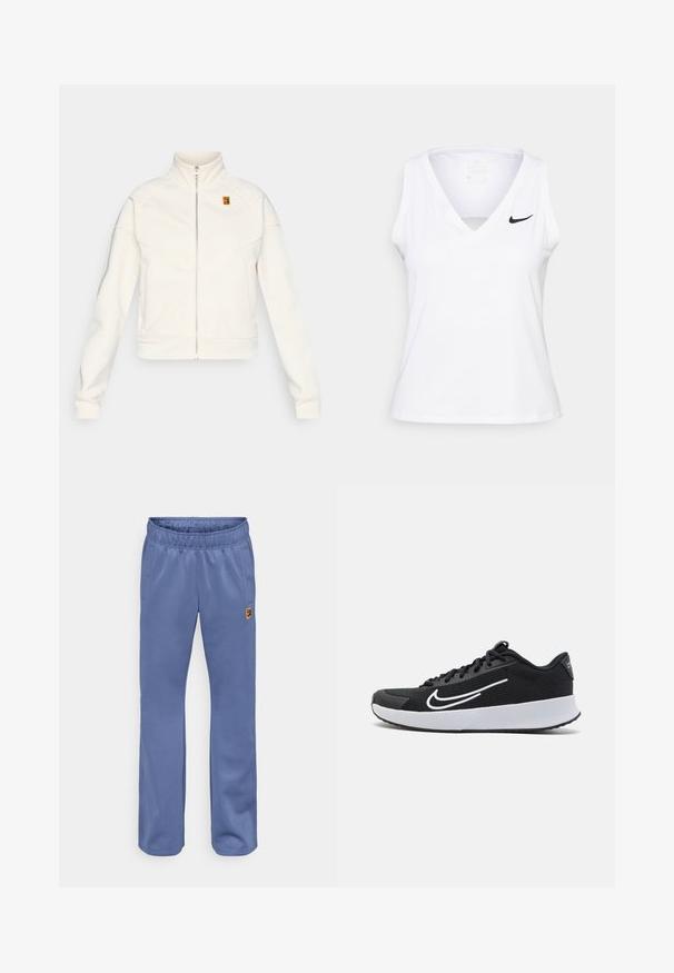 Chaqueta de polar blanca con cuello alto y cremallera frontal. Presenta costuras en forma de chevrón y un pequeño logo colorido en la parte superior izquierda.; Top atlético sin mangas de color blanco con escote en V, detalle recortado y logo de Nike en negro en el lado izquierdo del pecho. Está confeccionado con una tela transpirable.; Pantalones deportivos azules con cintura elástica, bolsillos laterales y un pequeño parche de logo multicolor cerca del bolsillo izquierdo. Textura de tela suave.; Zapatilla deportiva de malla negra con acentos blancos, diseñada para la comodidad. Presenta una puntera redonda, cierre de cordones en la parte delantera y una suela media gruesa blanca.