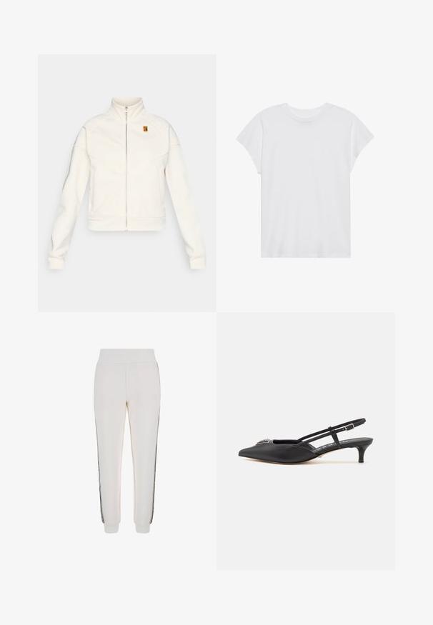 Bela flis jakna z visokim ovratnikom in sprednjim zadrgo. Ima črto šivanja v obliki chevrona in majhen barvit logo na zgornji levi strani.; Bela kratka majica s kratkimi rokavi in okroglim izrezom, sproščenega kroja, izdelana iz mehkega bombažnega materiala. Gladka tekstura, brez vzorcev ali logotipov.; Beli jogger hlače iz mehke tkanine, z rebrastim pasom in črnima stranskima črtama ter logotipom na sprednji strani.; Črne slingback čevlje s koničastim nosom, izdelane iz gladkega materiala, z manjšim peto in dekorativnim srebrnim dodatkom na zgornjem delu.