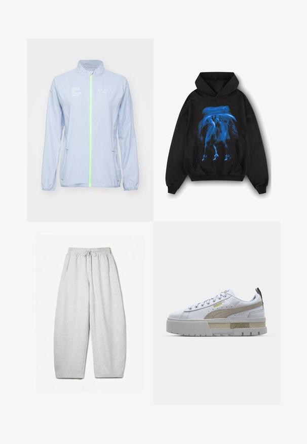 Veste de sport bleu clair avec un col montant, zip vert fluo, détails réfléchissants et texte blanc portant les mentions "HYROX" et "WORLD SERIES OF FITNESS RACING".; Sweat-shirt à capuche noir avec un grand design graphique bleu sur le devant, doté d'une poche kangourou et de poignets et d'un ourlet côtelés.; Pantalons de survêtement gris clair avec une coupe décontractée, taille élastique, cordelette de serrage et poches latérales ; fabriqués à partir d'un tissu doux et texturé.; Baskets blanches avec une bande beige proéminente, une semelle épaisse grise et des accents dorés. Elles possèdent des lacets ronds et un rabat de langue texturé avec un logo.