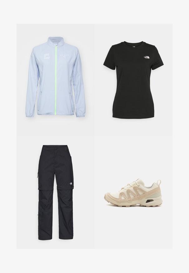 Šviesiai mėlynas sportinis švarkas su aukštu apykakle, neoninės žalios spalvos užtrauktukas, atspindinčios detalės ir baltas tekstas „HYROX“ ir „PASAULIO FITNESO VARŽYBŲ SERIJA“. ; Juodas medvilninis marškinėliai su apvalia apykakle ir trumpomis rankovėmis. Išskirtinis baltas logotipas viršutinėje kairėje pusėje. Sklandus tekstūra, laisvas pritaikymas.; Juodos nailoninės krovinių kelnės su reguliuojamais rankovėmis, daugybe kišenių ir logo ant dešinės kojos. Lygi, lengva tekstūra.; Bežinės ir kreminės spalvos sportinės bateliai su tekstūruoto tinklelio viršutine dalimi, palaikančiomis detalėmis ir guminiais padais, turinčiais raštą, užtikrinantį sukibimą.