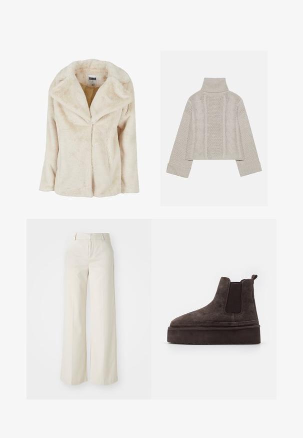 Svetle béžová umělá kožešinová bunda s širokým límcem, dlouhými rukávy a jemným, strukturovaným povrchem. Má nezapnuté přední otevření.; Zkrácený svetřík v světle šedé barvě z pleteniny s vysokým límcem a žebrovanými manžetami, se strukturovanými kabelovými vzory na zádech a bocích.; Kalhoty s širokými nohavicemi v jasně béžové barvě, vyrobené z hladkého materiálu. Mají klasický pas a plochý přední díl s čistými liniemi.; Hnědé semišové Chelsea boty s elastickými bočními panely a silnou, texturovanou platformovou podrážkou. Obsahují poutko na patě pro snadné obouvání.