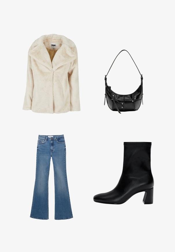 Light beige faux fur jacket with a wide lapel, long sleeves, and a soft, textured finish. Features an unfastened front opening.; Light blue sweater made of soft fabric, featuring a round neck, long sleeves, and ribbed cuffs and hem. Smooth texture, casual design.; Blue denim flared jeans with front and back pockets, belt loops, and button closure, laid flat on a white background.; Black ankle boot made of smooth leather. Features a square toe, elasticated top, and a chunky heel for stability. Minimalist design.; Black leather shoulder bag with a curved shape, featuring silver studs and stitch detailing. Adjustable strap for versatility.