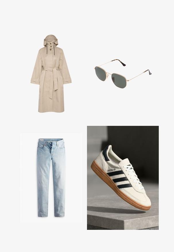 Beige ūdensnecaurlaidīgs trenčkotis ar jostu, lielu kapuci, divu pogu aizdari un plašiem piedurkņu galiem. Gluda tekstūra ar tīru, minimālistisku dizainu.; Pelēks džemperis ar apaļu kakla izgriezumu, garām piedurknēm un ribotām aprocēm. Audums šķiet mīksts ar vieglu tekstūru un nedaudz brīvu piegriezumu.; Gaiši zili džinsi ar taisno kāju griezumu, divām priekšējām kabatām un divām aizmugurējām kabatām. Ietver divu pogu jostas aizdari un smalkas šuves.; Baltas zamša kedas ar tumši ziliem svītrām, gumijas zole, teksturēts augšdaļa, apaļa purngala forma un auklas; sānos un mēlītē ir zīmola nosaukums.; Zelta metāla rāmis saulesbrilles ar tumši zaļiem stikliem, aviator stils, ar šaurām kājām un bruņu akcentiem uz galiem.; Zīda brūna plecu soma ar izliekta formu, kontrastējošām šuvēm, zeltainām aparatūras akcentiem un ar rāvējslēdzēju aizveramu priekšējo kabatu.