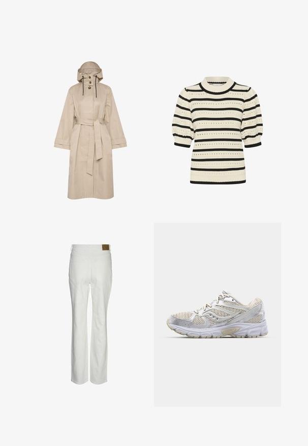 Beige ūdensnecaurlaidīgs trenčkotis ar jostu, lielu kapuci, divu pogu aizdari un plašiem piedurkņu galiem. Gluda tekstūra ar tīru, minimālistisku dizainu.; Adīts džemperis ar krēmkrāsas un melnām horizontālām svītrām, īsām pūkainām piedurknēm, ribotu apkakli un acs rakstiem visā virsmā.; Baltas augsta jostasvieta bikses, izgatavotas no kokvilnas maisījuma. Raksturo taisna kāja, divas aizmugures kabatas un zīmola brūna birka uz jostas.; Viegls skriešanas apavi ar balta acu auduma virsu ar sudraba akcentiem, mīkstu zoli un teksturētu gumijas zolīti labākai saķerei.