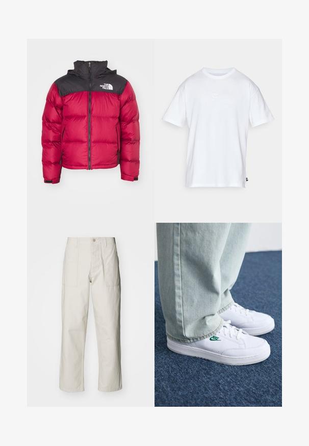The North Face RETRO NUPTSE JACKET - Puhovka - beetroot/black; Bela bomba iz bombaža s kratkimi rokavi in okroglo ovratnikom. Ima majhen, diskreten Nike logotip na prsih in stranski etiket.; Svetlo bež široke hlače iz bombaža. Imajo sprednje žepe in gumbasto zapiranje. Gladka tekstura z subtilnimi navpičnimi črtami.; Bela usnjena športna obutev z zelenim Nike logotipom, okrogla konica, ravna podplat, v kombinaciji z svetlo modrimi kavbojkami, prikazana na modrem preprogu.