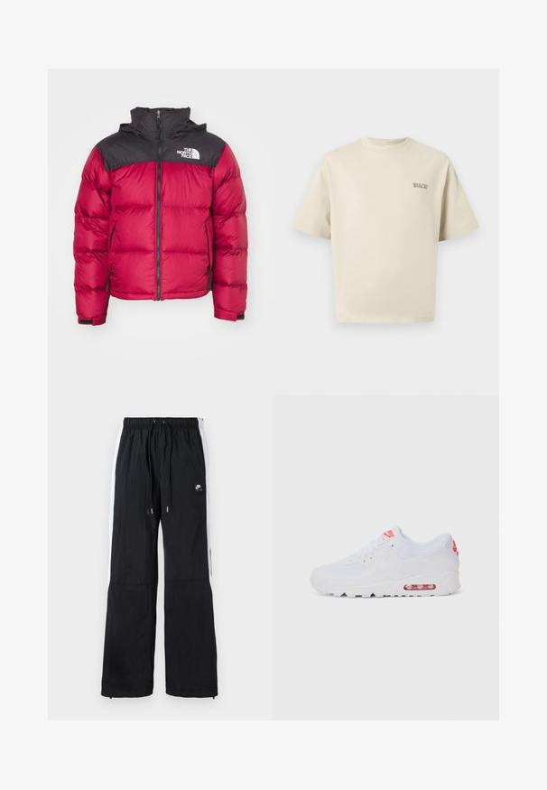 The North Face RETRO NUPTSE JACKET - Down jacket - beetroot/black; Beige cotton t-shirt with short sleeves, a rounded neckline, and a small "SELECTED" logo on the left chest. Smooth texture.; Black sports pants with elastic waistband, white side stripes, zippered cuffs, and a rubberized logo detail on the front.; White athletic sneaker featuring a smooth upper, lace closure, cushioned sole, and a visible air unit with red accents on the branding.