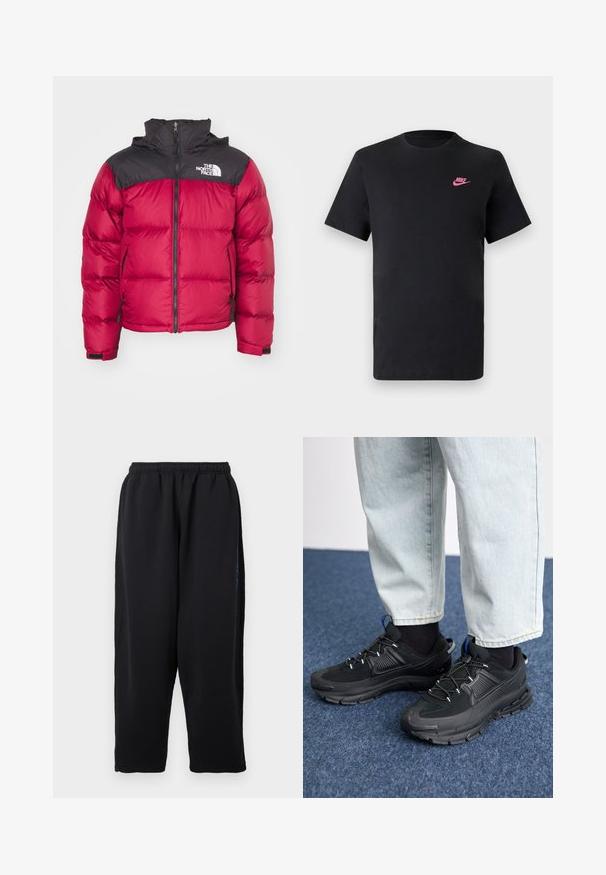 The North Face RETRO NUPTSE JACKET - Dunjakke - beetroot/black; Svart bomull T-skjorte med rund hals og korte ermer. Har en rosa Nike-logo på øvre venstre side. Glatt tekstur.; Svarte joggebukser laget av mykt stoff, med elastisk midjebånd, vide ben og sidelommer med diskrete blå detaljer.; Svarte sportssko med teksturert stoff og gummisåler, med elastiske lisser og en blå detalj på hælen. Brukt med lyse denimbukser.