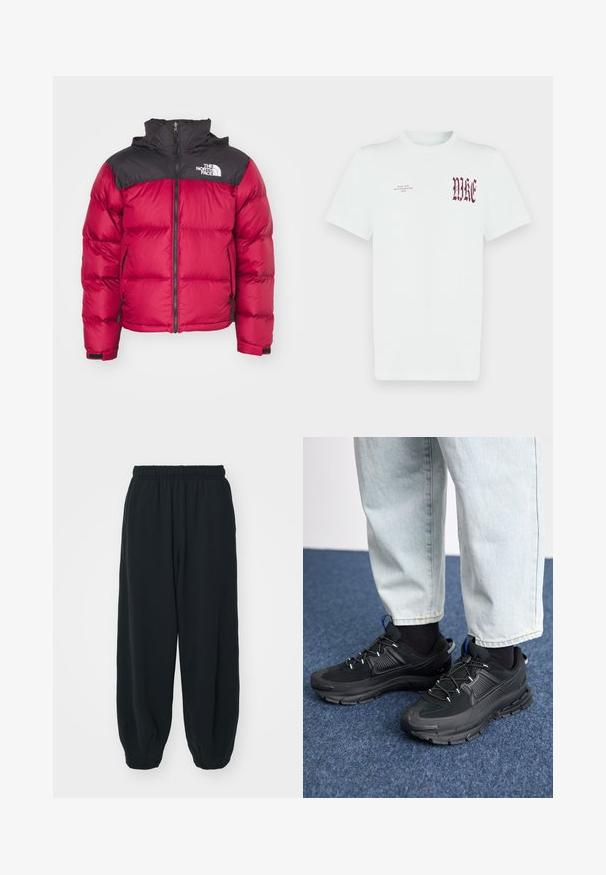 The North Face RETRO NUPTSE JACKET - Pūkinė striukė - beetroot/black; Balta medvilninė marškinėlė su raudonu "NIKE" grafiniu piešiniu ir tekstu kairėje krūtinės pusėje. Trumpomis rankovėmis ir apvaliame iškirpte, lygi tekstūra.; Juodi, su elastiniu juosmeniu sportiniai kelnės su laisvu siluetu, suapvalintais kulkšnimis, lygia tekstūra ir be matomų raštų ar metalinių akcentų.; Juodi sportiniai bateliai su tekstūruota medžiaga ir guminiais padais, su elastingomis raišteliais ir mėlynu akcentu ant kulno. Dėvimi su šviesiai mėlynomis džinsinėmis kelnėmis.