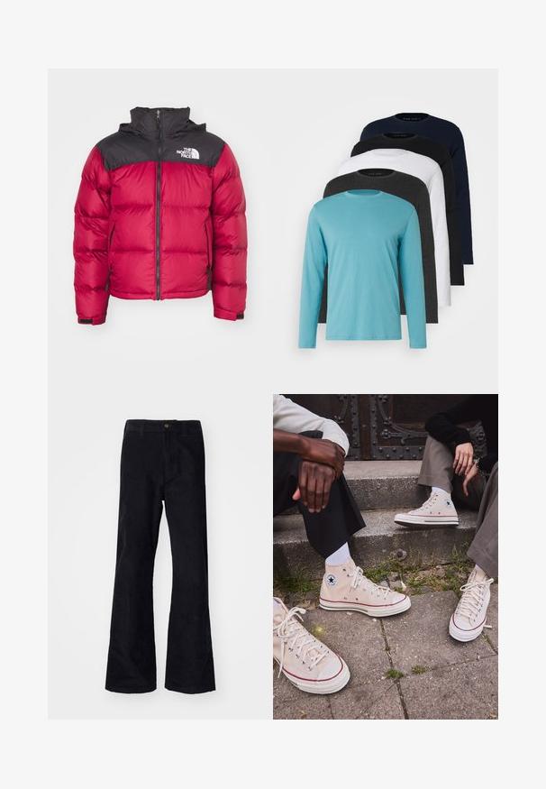 The North Face RETRO NUPTSE JACKET - Sulejope - beetroot/black; Viis pika varrukaga T-särki reas: türkiissinine, must, valge, tumehall ja marineeritud sinine. Pehme kangas, ümmargune kaelus ja tavaline lõike.; Mustad mustad flared püksid traditsioonilise vöökoha, ühe esiknappi ja taskutega külgedel ja taga. Sile tekstuur.; Beige kõrge säärega kanvas tennised punase ribaga, valge kummitald ja metallist silmad, mille külje peal on ikooniline tähe logo.