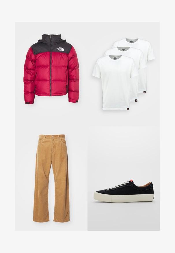 The North Face RETRO NUPTSE JACKET - Dūnu jaka - beetroot/black; Trīs vienkārši balti kokvilnas T-krekli ar īsām piedurknēm. Katram kreklam ir apaļa apkakle un mazs melns logo uzlīme kreisajā pusē.; Korduroja platās bikses, bēšā krāsā. Tām ir teksturētas vertikālas ribas, standarta jostasvieta un divas priekšējās kabatas.; Melnas auduma sporta apavi ar baltām šņorēm, bēša gumijas zole un sarkans akcents papēdī. Apaļa purngala forma un minimālistisks šuvju dizains.