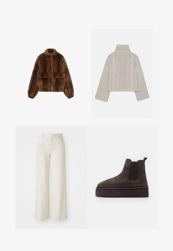 Rjava umetna krzna jakna z visokim ovratnikom, dvema sprednjima žepoma ter elastičnim pasom in manžetami, ki ima mehko teksturirano površino.; Kratka, svetlo siva pletena pulover s visokim ovratnikom in rebrastimi manšetami, ki ima strukturne kabelske vzorce po hrbtu in straneh.; Široke hlače v svetlo bež barvi, izdelane iz gladkega materiala. Imajo klasičen pas in ravno sprednjo stran z čistimi linijami.; Rjave semiš Chelsea čizme z elastičnimi stranskimi paneli in debelim, teksturiranim platformnim podplatom. Imajo zanko na peti za lažje oblačenje.