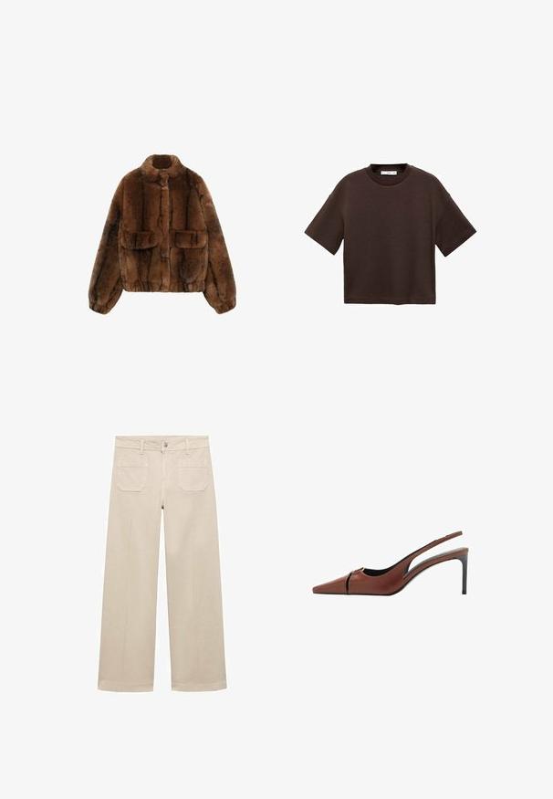 Brown faux fur jacket with a high collar, two front pockets, and elasticized waistband and cuffs, featuring a soft, textured surface.; Brown short-sleeve t-shirt made of soft cotton. Features a round neckline and a boxy fit, with a smooth texture and no visible patterns.; Beige wide-leg pants made of cotton. Features a zipper fly, a front button, and two patch pockets on the back. Clean hem with no embellishments.; Brown leather slingback heel with a pointed toe, cutout detail at the vamp, and a sleek stiletto heel. Smooth texture.