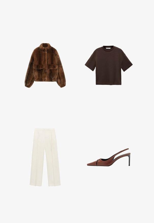 Smeđi lažni krzneni kaput s visokim ovratnikom, dva prednja džepa i elastičnim pojasom i manžetama, s mekom, teksturiranom površinom.; Smeđi kratki rukav majica od mekog pamuka. Ima okrugli izrez i širok kroj, s glatkom teksturom i bez vidljivih uzoraka.; Hlače širokog kroja u svijetloj krem boji. Izrađene su od glatkog materijala s plisama sprijeda i bočnim džepovima.; Smeđa kožna slingback potpetica s iznimno šiljastim vrhom, izrezanom detaljom na gornjem dijelu i elegantnom stiletto potpeticom. Glatka tekstura.
