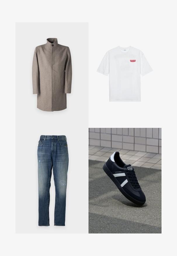 Gai brūns vilnas mētelis ar augstu apkakli, priekšējo pogu aizdari un taisnu griezumu. Iekļauj garas piedurknes un gludu šuvju dizainu.; Balta kokvilnas T-kreklu ar īsām piedurknēm, apaļu kakla izgriezumu un sarkanu grafisku tekstu "GARDI ATSPIRDZINOŠI AUGĻI" priekšpusē.; Džinsi no denima ar izbalinātu zilu krāsu, taisnas kājas dizainu, mērenu nolietojumu priekšpusē un klasisku piecu kabatu stilu.; Melnā ādas sporta apavi ar baltām svītrām, teksturēta gumijas zole un auklu aizdare. Iekļauj zīmola etiķeti uz mēles.