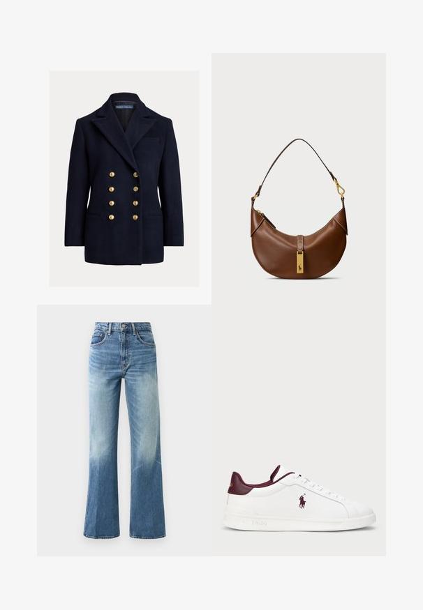 Blazer azul de lã, de duplo botão, com grandes botões dourados, lapelas de pico e bolsos laterais. Apresenta um bolso no peito e um corte ajustado.; Camisa azul clara de botões, feita de algodão, com mangas longas, colarinho pontudo e um pequeno logótipo bordado no lado esquerdo do peito.; Jeans de cintura alta de cor azul clara, com corte amplo, textura desbotada, cinco bolsos e fecho de botão metálico.; Sapatilhas brancas em pele com pormenores em bordô, bico arredondado, logotipo em relevo e atacadores planos. Sola texturizada e detalhes de superfície lisa.; Bolsa de ombro de couro castanho com forma curvada, hardware dourado, detalhe de fecho superior e um logotipo em destaque. Textura lisa com bordas costuradas.